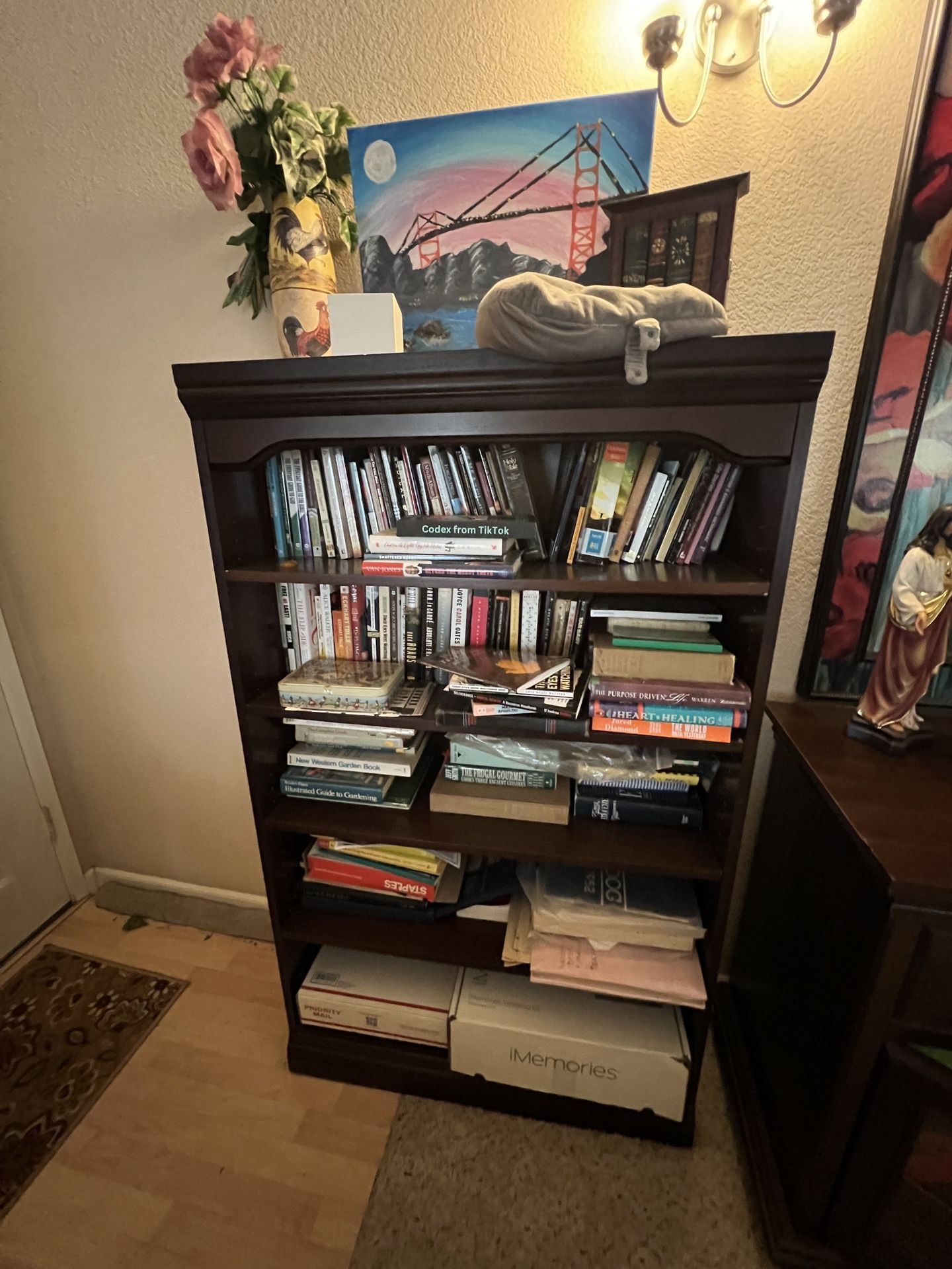 Solid Wood Bookshelf - Dark Finish, 5 Shelves