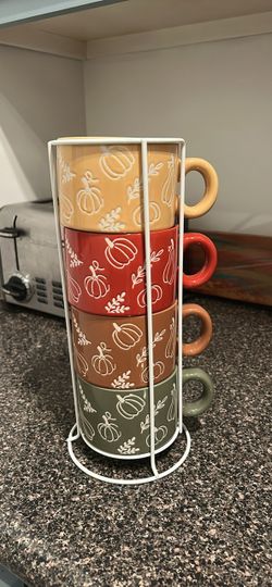 Set of 4 Fall Pumpkin Stacking Mugs with Stand