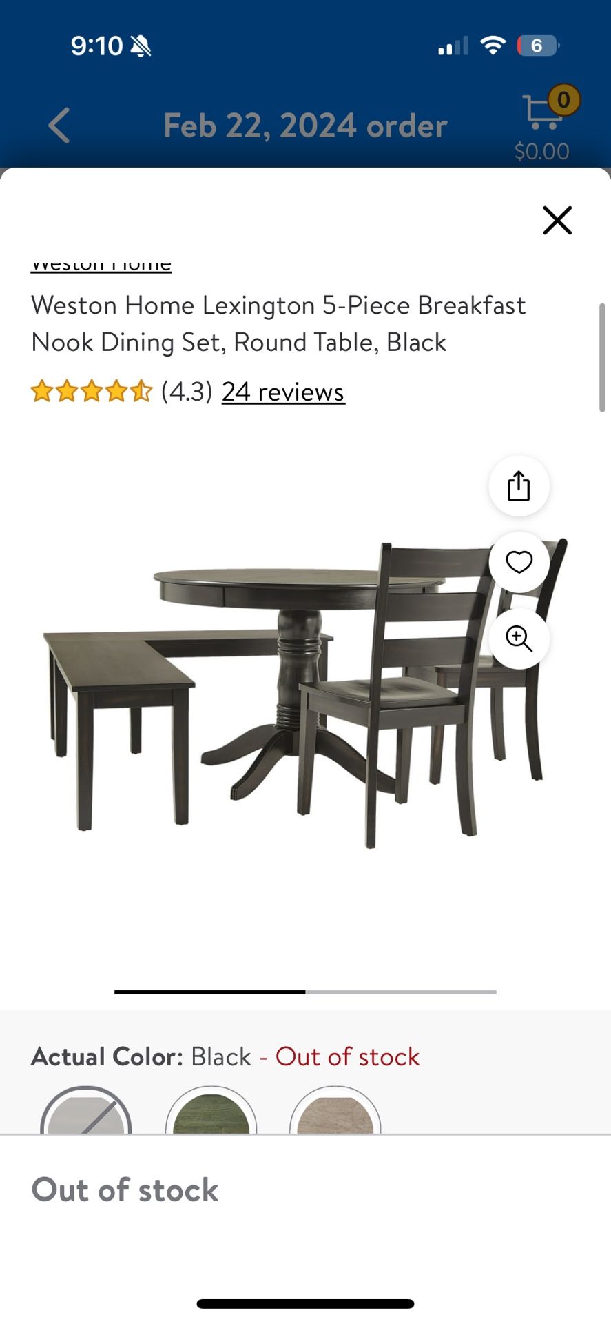 Weston Home Lexington 5-Piece Breakfast Nook Dining Set, Round Table, Black **no Table Top**