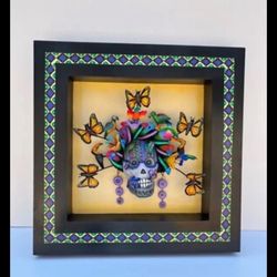 Mexican Folk Art Shadow Box – Day of the Dead Skull, Monarchs & Birds 17.5”