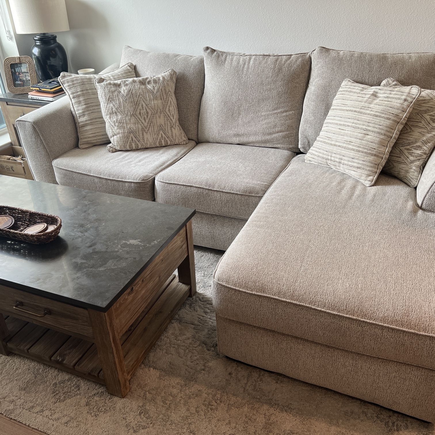 Reversible Sectional Sofa In Beige With Grey Specks. 