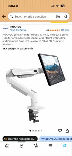 HUANUO Single Monitor Mount, 13 to 32 Inch Gas Spring Monitor Arm, Adjustable Stand, Vesa Mount with Clamp and Grommet Base - Fits 4.4 to 19.8lbs LCD 