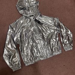 New Medium silver metallic jacket hoodie rave festival windbreaker short 80s 