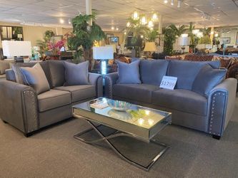 Brand new grey velvet studded sofa + loveseat 2PCs set