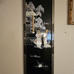 Vintage Asian Lacquer Wall Panel – Mother of Pearl & Bone Inlay – Handcrafted Oriental Art