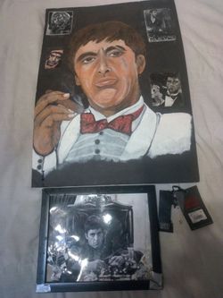 Oil painted picture of Al Pacino as Scarface 23 x 17 inches and a small frame broken glass picture of Al Pacino as Scarface 12x8 inches.