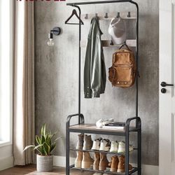 New VASAGLE Coat Rack, Hall Tree Shoe Bench Entryway Grey Black