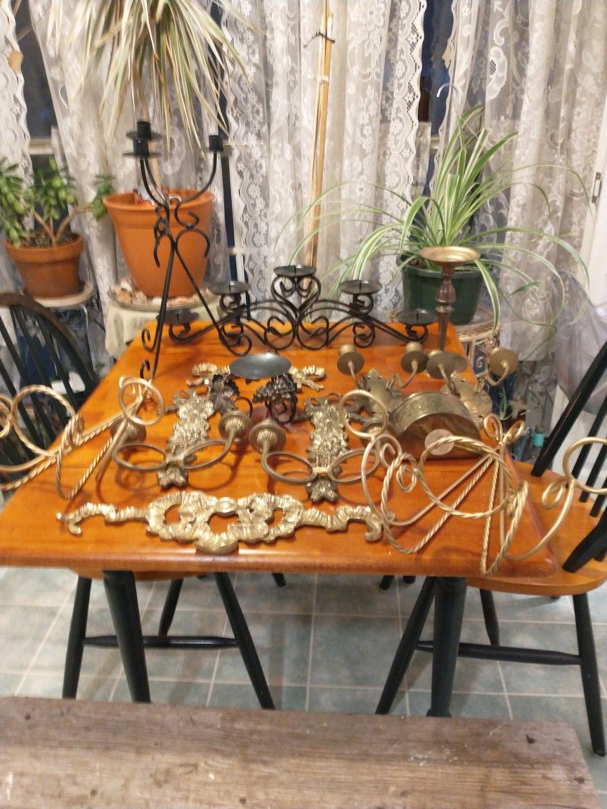 Assorted Brass & Black Metal Candelabras, Candlesticks, & Wall Decor