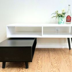 360 Rotatable Swivel 2-Tier Mid-Century Dual-Tone Black White Coffee Table TV Stand Side End Sofa Storage Shelves