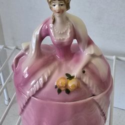 VTG Porcelain Trinket / powder box. Lady with light brown hair in Pink garments