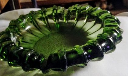 Vintage Fostoria Green Glass Ashtray Scalloped Fluted Rim MCM Catchall