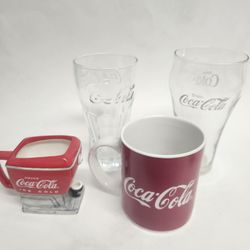 Coca-Cola Classic Ceramic Coffee Cup & Mini Cola Dispenser and two glass cups