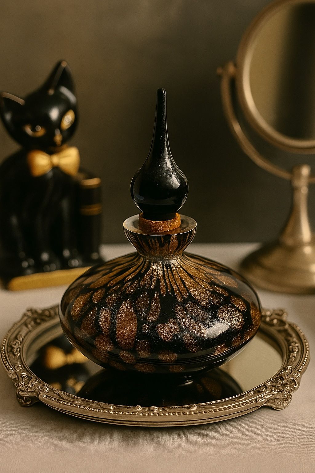 Art Glass Vintage 1990s Perfume Bottle Murano Style Aventurine Look Black Copper