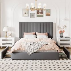 Queen Size Storage Bed Frame, Vertical Channel Tufted Adjustable Headboard, Velvet Upholstered Platform Bed with 4 Oversized Underbed Drawers, Wooden 