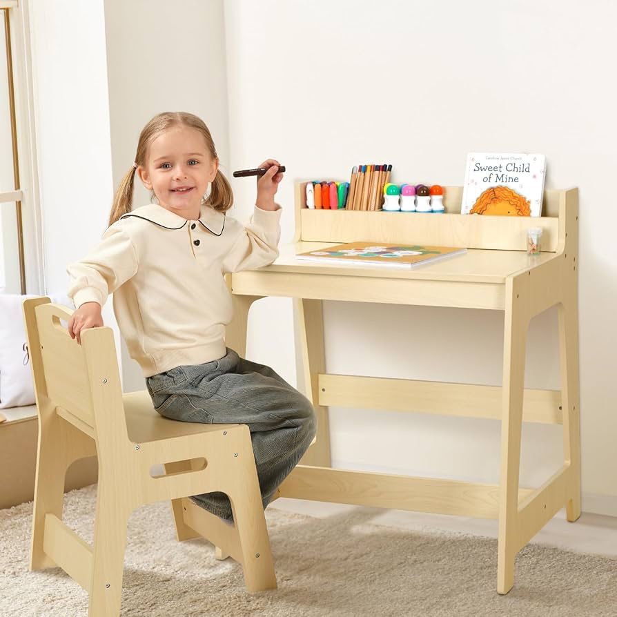 Kids Desk and Chair Set, Toddler Student Desk and Chair Set for Bedroom, Study Table for Kids 6-12 with Storage, Compact Size, Suitable for Small Spac