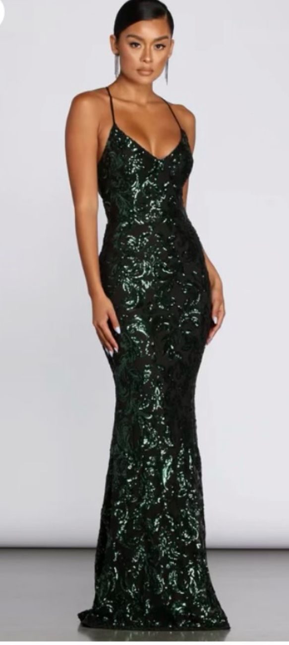 Forest Green Sequin Lace-Up Maxi Formal Dress