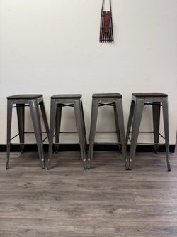 NEW Set of 4 Metal Bar Stools w/ Solid Wood Seats – 30”