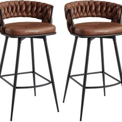BV Bar Height Bar Stools Set of 2, 30 inch Seat Height Bar Stools, 180° Swivel Barstools with Woven Back and Footrest, Suede Fabric Counter Stools New