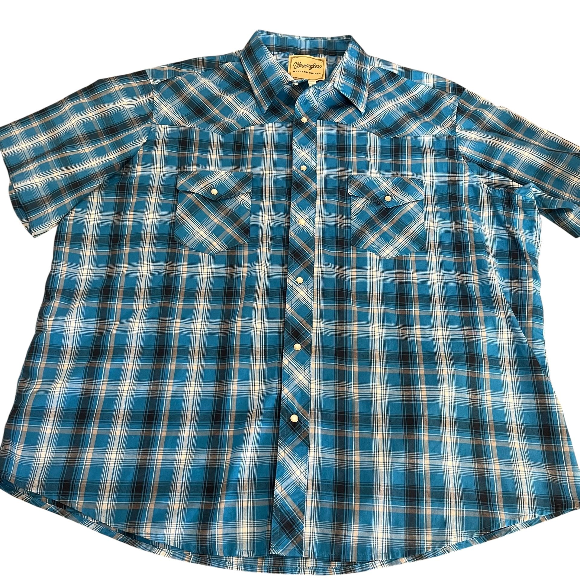Wrangler Blue Plaid Shirt Mens Size 2XL Pearl Snap Button Up Short Sleeve