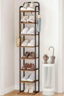 8 Tiers Vertical Shoe Rack, Narrow Shoe Tower, Tall Shoes Shelf with 2 Hooks