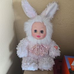 Vintage Doll In Rabbit Costume With Blinking Eyes And Pink Tie Bow Bunny Toy 10"