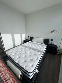 Queen Bed Set – Black & White Leather-Style + Nightstand | Like New
