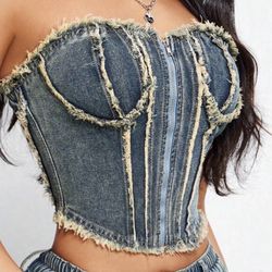 Women's blue denim corset front zip tube top size small