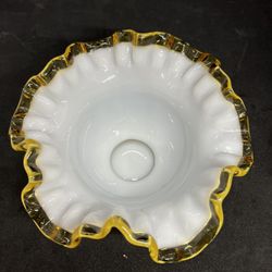 Vintage 40's Fenton Gold Amber Crest Milk Glass Double Crimped Ruffled 7”x7”Bowl