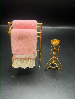 Vintage 1:12 Dollhouse Miniature Brass Bathroom Towel Rack & Candle Stand