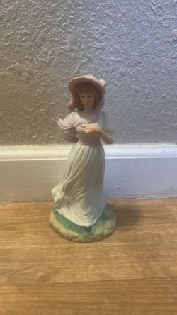 Vintage Porcelain Figurine - Lady in Pink Hat and White Wind-Blown Dress"