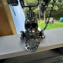 Halloween Black Skull Telephone Talks And Lights Up When Receiver Lifted Off Ex Cond