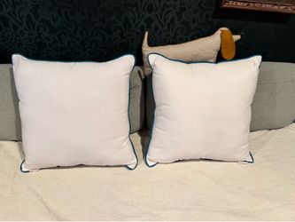 Sunbrella White Square Pillows with Teal Piping