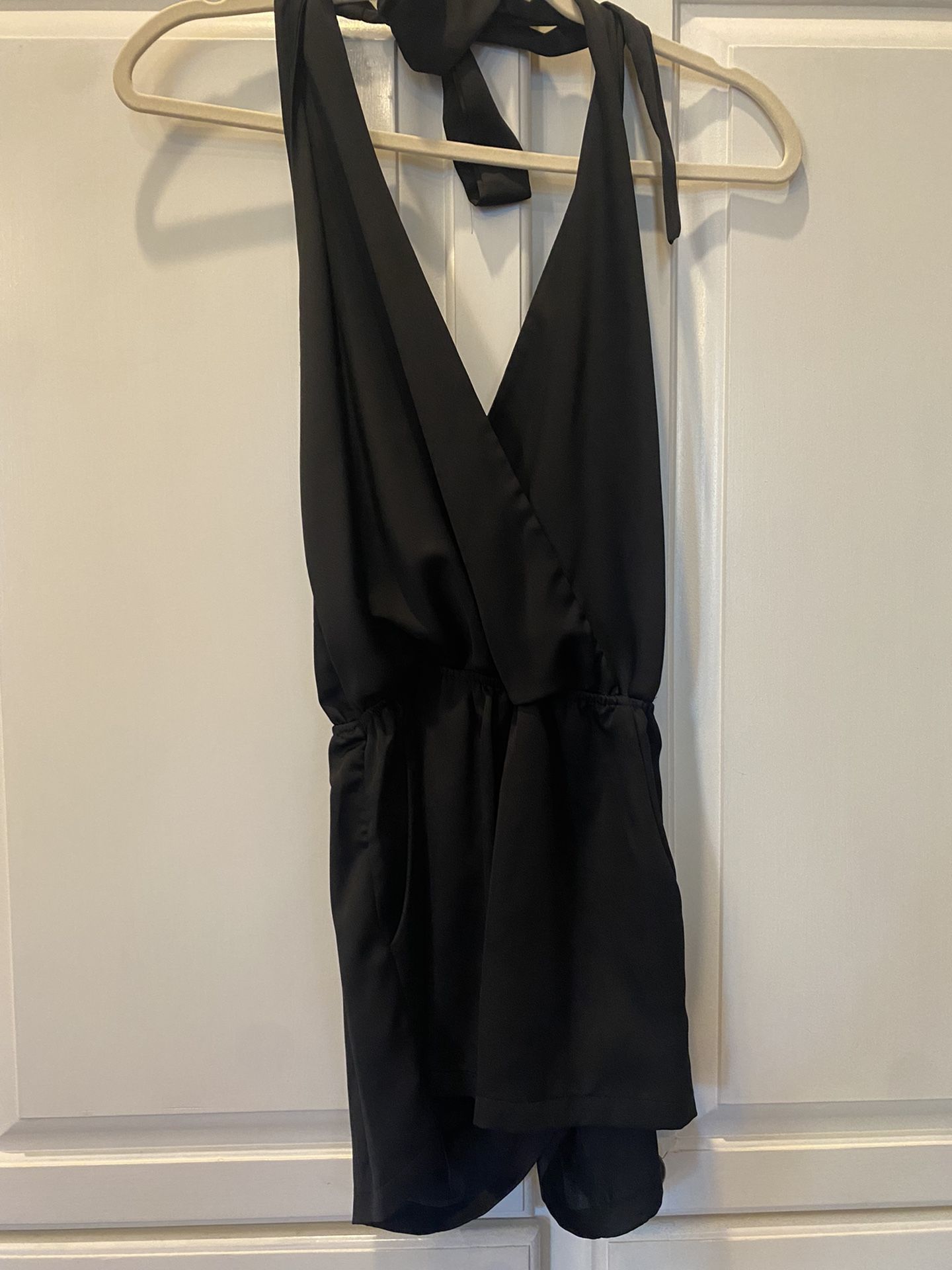 Black Deep V Cut Backless Satin Romper 