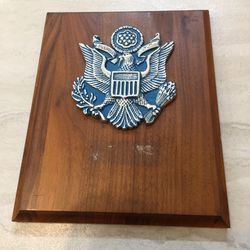 Antique US Army Officer's Eagle Silver Tone Plaque on Hard Wood Base
