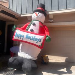 Vintage Gemmy 12' Airblown Inflatable Snowman W/Happy Holidays Sign 2 Broken Leg