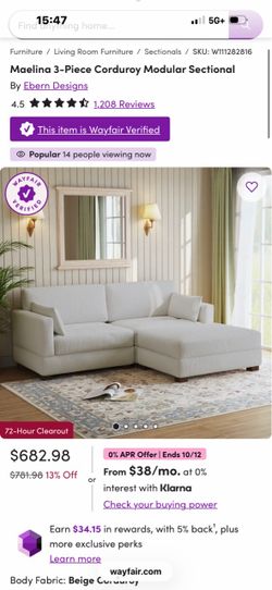 Great Condition Maelina 3-Piece Corduroy Modular Sectional