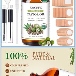 56pcs Castor Oil Patches with Caster Oil Organic Cold Pressed Unrefined Glass Bottle 8oz, Castor Oil Pack Wrap for Belly, Neck, Back, Arms, and Hair G