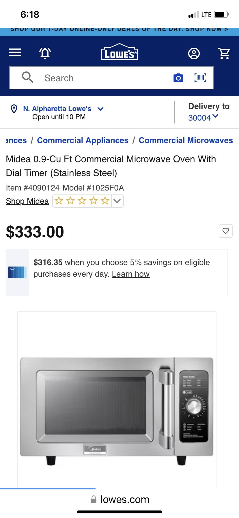 Midea 1025F1A 1000 Watts Commercial Microwave Oven - 0.9 cu. ft