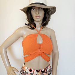 H&M DIVIDED Orange Ribbed and Crochet Halter Cutout Crop Top M