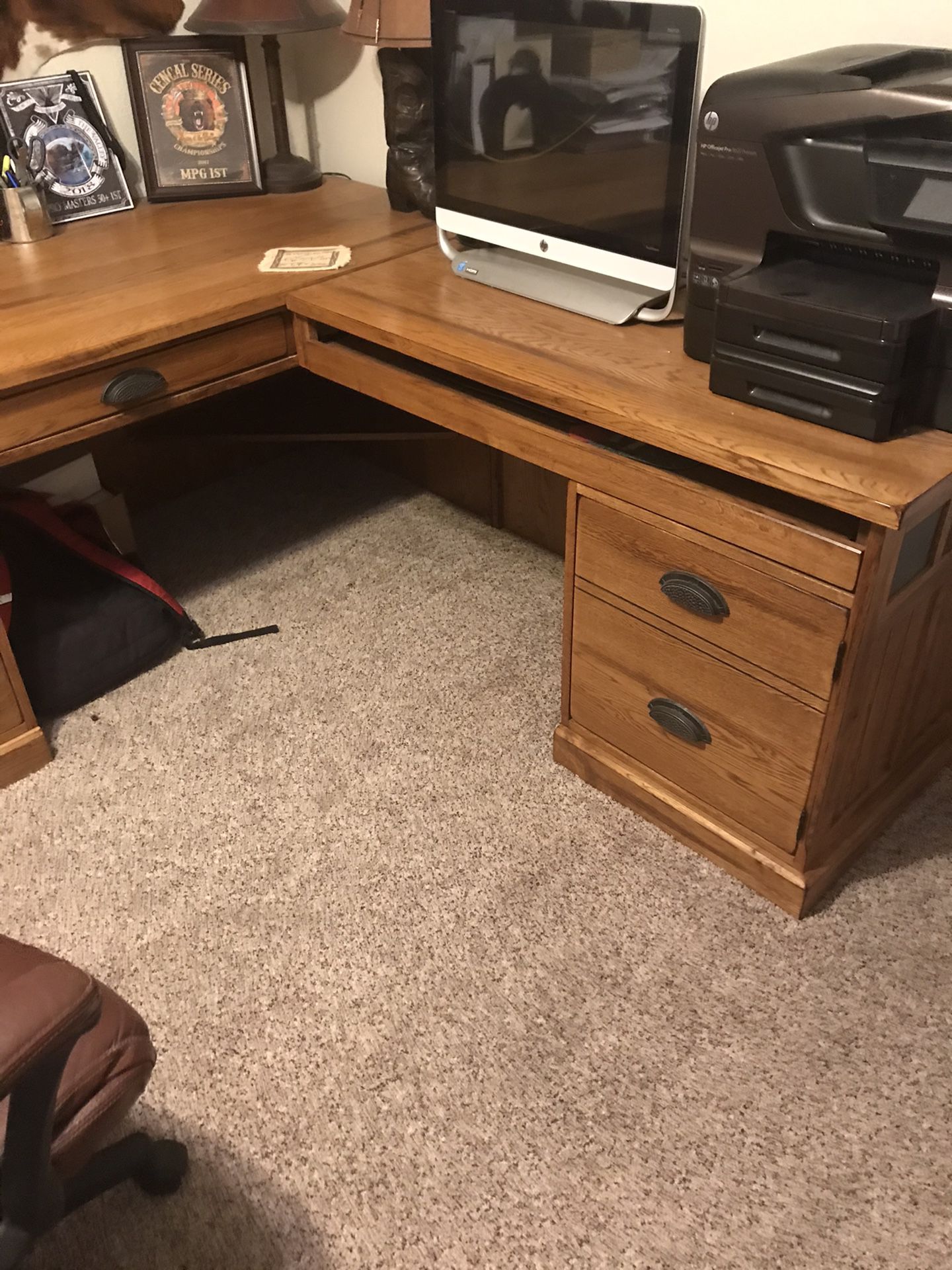 Nice wooden L shaped desk with file cabinet