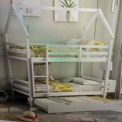 White Wooden Bunk Bed With Trundle