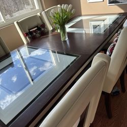 Wood And Glass Dining Table With Leaf And Chairs