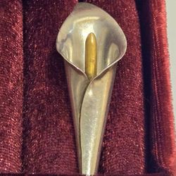 Vintage Laton Taxco Mexico 925 Sterling Silver & Brass Cala Lilly Brooch Pin