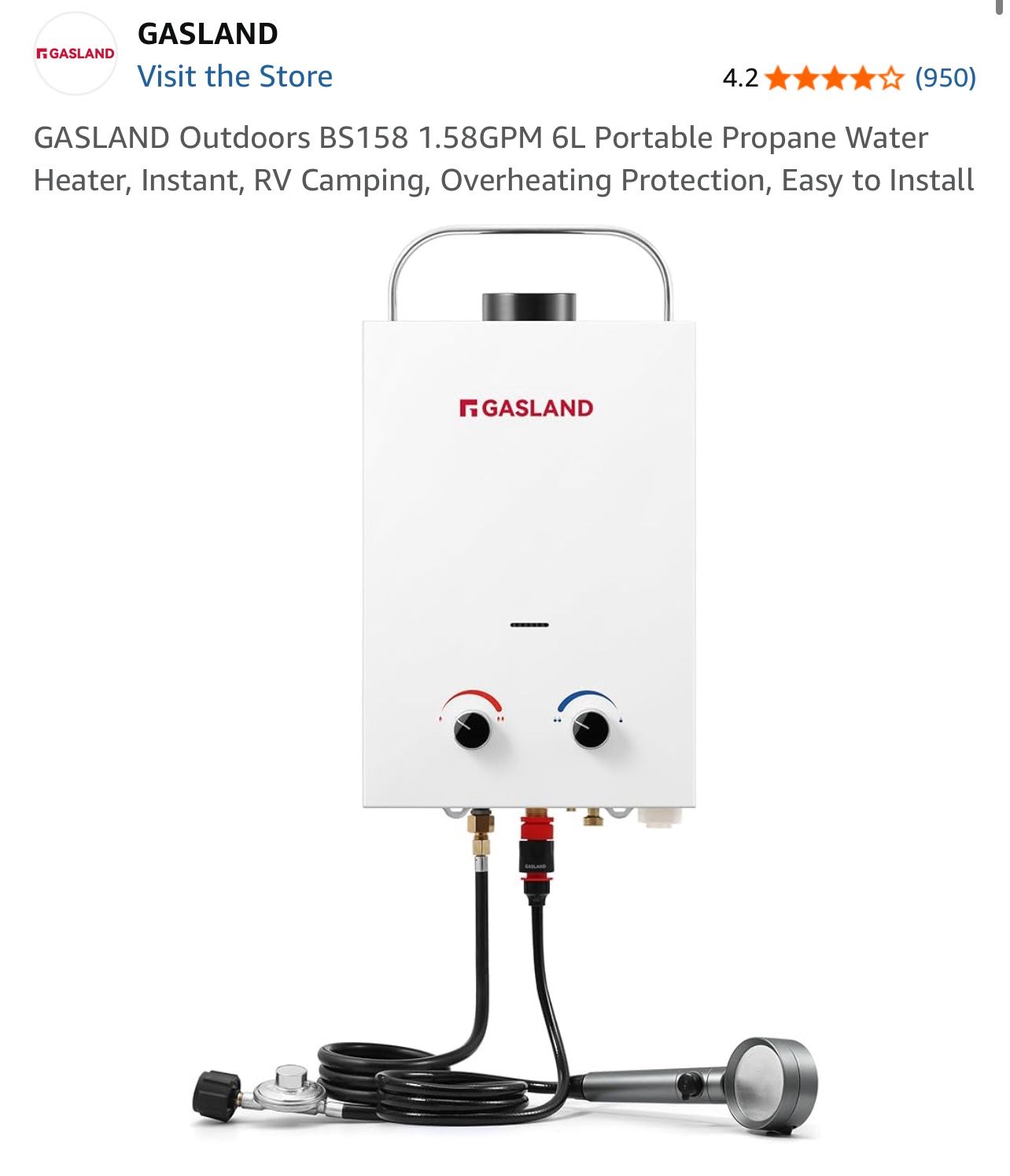GASLAND Outdoors BS158 1.58GPM 6L Portable Propane Water Heater Instant RV Camping Overheating Protection Easy to Install