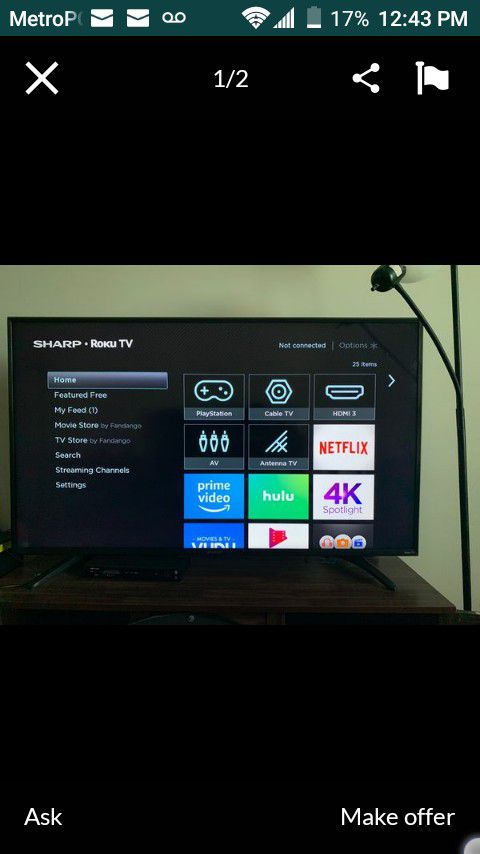 43 inch SHARP smart flat screen TV with Roku