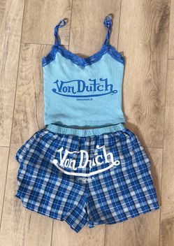 Von Dutch Blue Plaid Cami Boxer Shorts PJ Set Size S Y2K Lace Logo