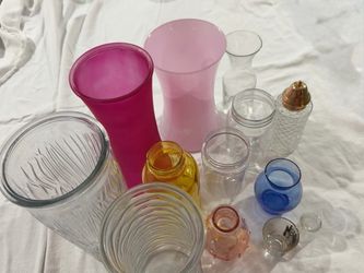 Decorative Vase & Colored Glass Lot – Pink, Blue, Clear & Yellow – 12+ Pieces