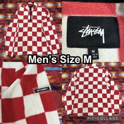 Stussy Soft Sherpa Fleece Checker 1/4 Zip Pullover White Red Men’s Size Medium