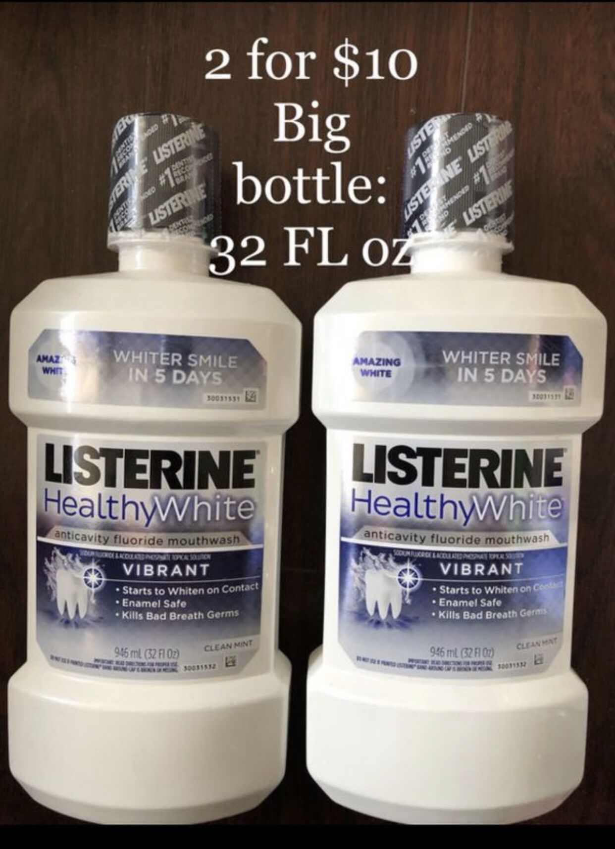 Listerine Health White Mouthwash- Whiter Smile in 5 days- 2 for $10 or $6 each