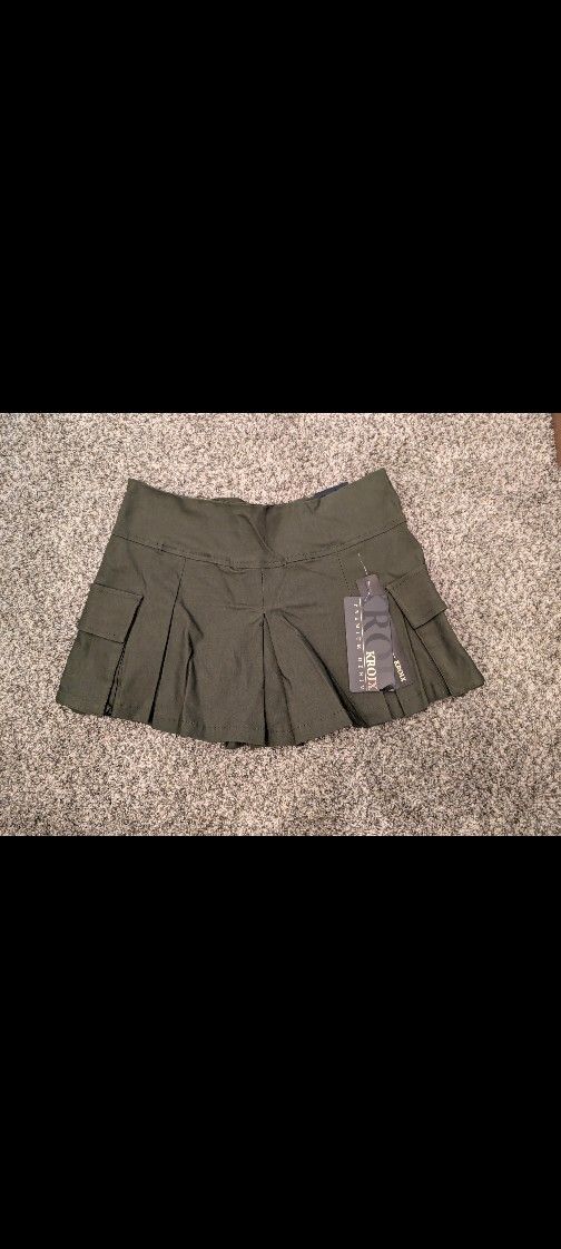 Khaki Green Pleated Mini Skirt